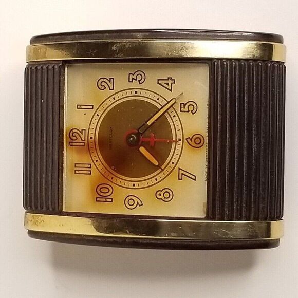 Vintage Mid Century Westclock Travel Alarm Clock Brown Wind Up Bakelite MCM - Picture 2 of 7